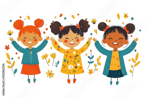 Three cheerful girls with pigtails celebrate among flowers, conveying joy and friendship.