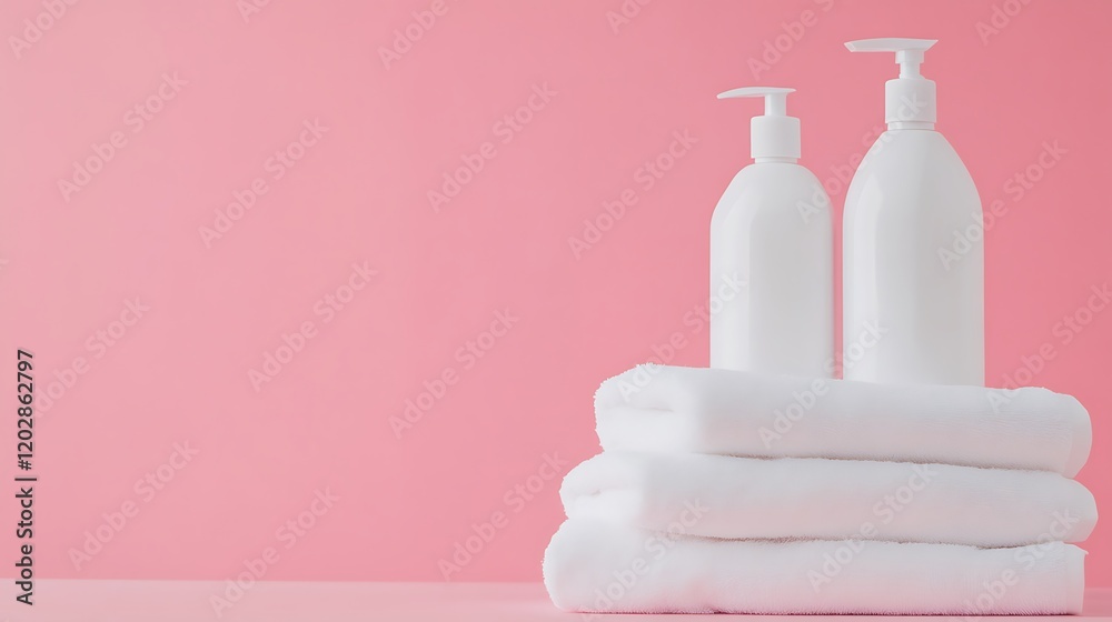 stack of white towels and white bottles of detergent with pink background, laundry theme background concept stack of white towels and white bottles of detergent with pink background, laundry theme background concept