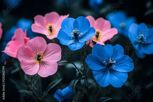Pink blue flowers garden bloom dark background