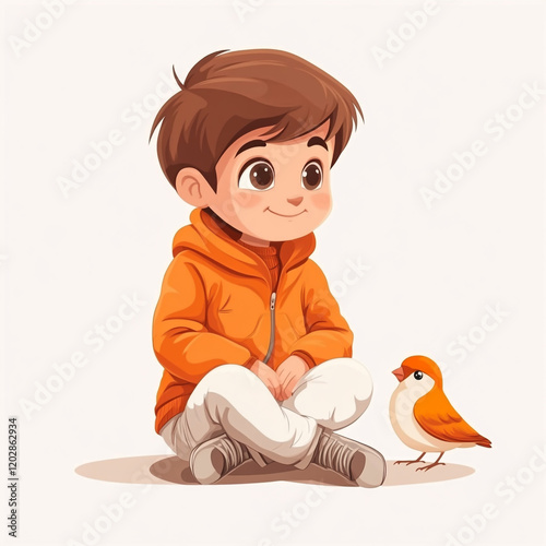 A cute little boy with big eyes, brown hair, and orange sits on the ground