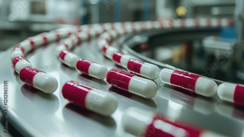 Manufacturing process of red and white capsules pharmaceutical factory industrial scene close-up view health concept photo