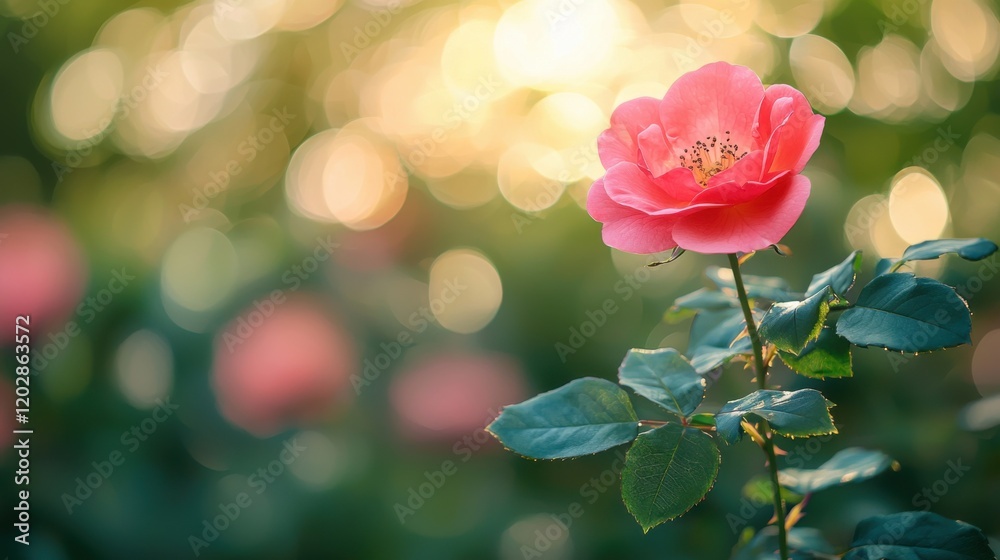 Obraz premium Blooming pink rose in nature garden scene floral photography soft light close-up view beauty and growth