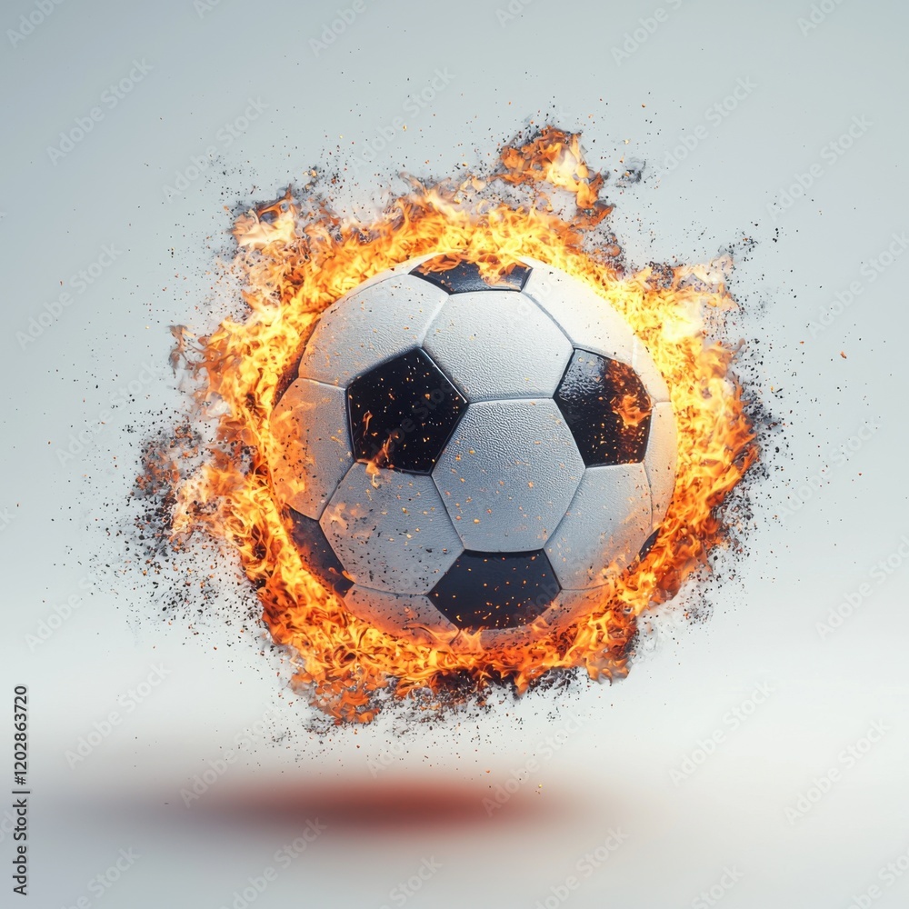 Naklejka premium Explosive soccer action fiery soccer ball in dynamic sports scene studio setting dramatic viewpoint
