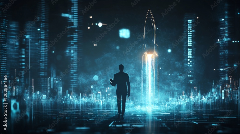 Strategic growth visualization in dark setting, glowing rocket ascent path, business professional with mobile device, floating achievement markers, premium corporate environment, ethereal light Strategic growth visualization in dark setting, glowing rocket ascent path, business professional with mobile device, floating achievement markers, premium corporate environment, ethereal light