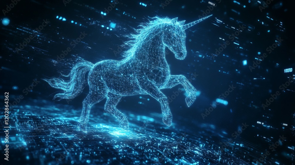 Glowing cyber unicorn in motion, business achiever silhouette, digital earth backdrop, binary data streams, deep blue tech environment, premium success narrative, modern geometric elements, ethereal Glowing cyber unicorn in motion, business achiever silhouette, digital earth backdrop, binary data streams, deep blue tech environment, premium success narrative, modern geometric elements, ethereal