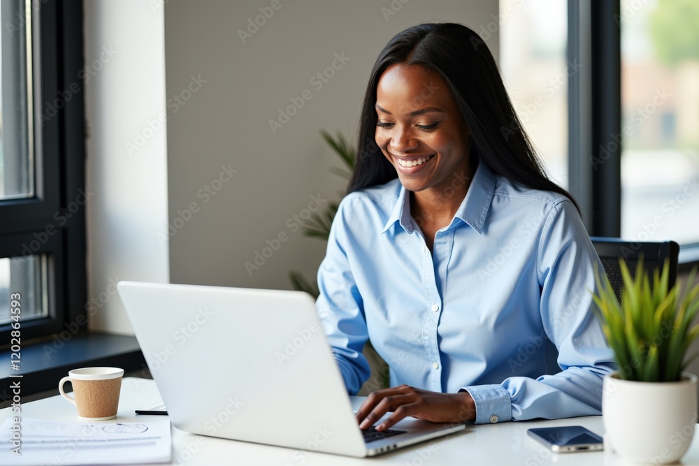 Smiling Businesswoman Working on Laptop in Modern Office Environment, Showcasing Professionalism and Productivity Smiling Businesswoman Working on Laptop in Modern Office Environment, Showcasing Professionalism and Productivity