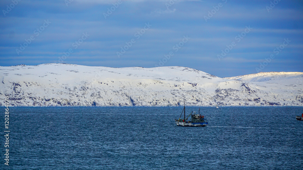 Barents Sea in the Arctic Ocean, where snow-capped mountains meet the vast, icy expanse of the sea. The polar landscape exudes a sense of pristine wilderness, . Ideal for nature and adventure Barents Sea in the Arctic Ocean, where snow-capped mountains meet the vast, icy expanse of the sea. The polar landscape exudes a sense of pristine wilderness, . Ideal for nature and adventure