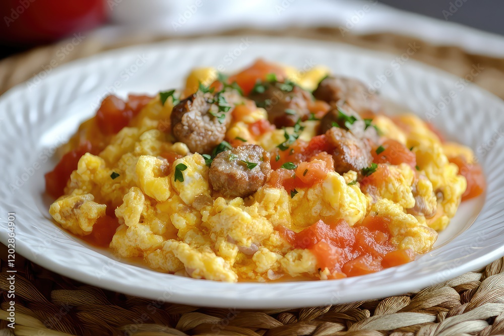 Close-up of a classic English breakfast with golden scrambled eggs, tomato sauce, and sausage on a white plate over a woven brown mat. Close-up of a classic English breakfast with golden scrambled eggs, tomato sauce, and sausage on a white plate over a woven brown mat.
