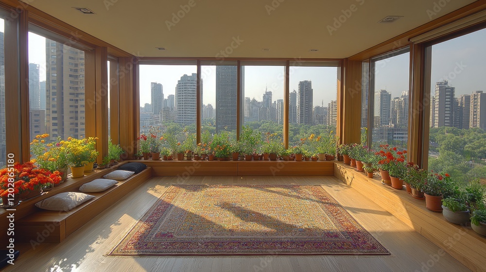 Fototapeta premium Sunlit Urban Oasis with City Skyline View - A Serene Escape in the City