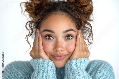 A young woman with curly hair smiles while holding her face, wearing a cozy sweater.