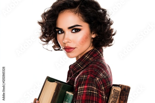 A young woman with curly hair holds books, exuding a confident and intellectual vibe.
