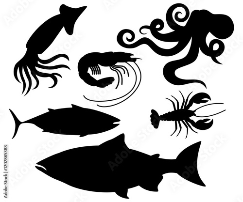 Seafood - marine fishes silhouette illustration