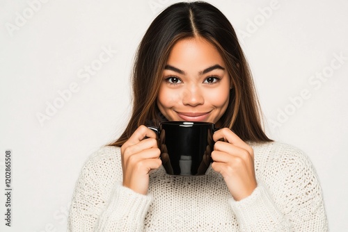 A smiling woman holds a black mug, exuding warmth and joy in a cozy sweater.
