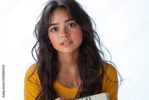 A young woman with long hair and a warm expression holds a notebook, exuding creativity.