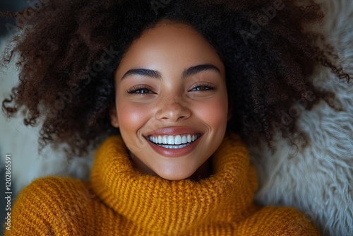 A smiling woman with curly hair wearing a cozy sweater, radiating happiness and warmth.