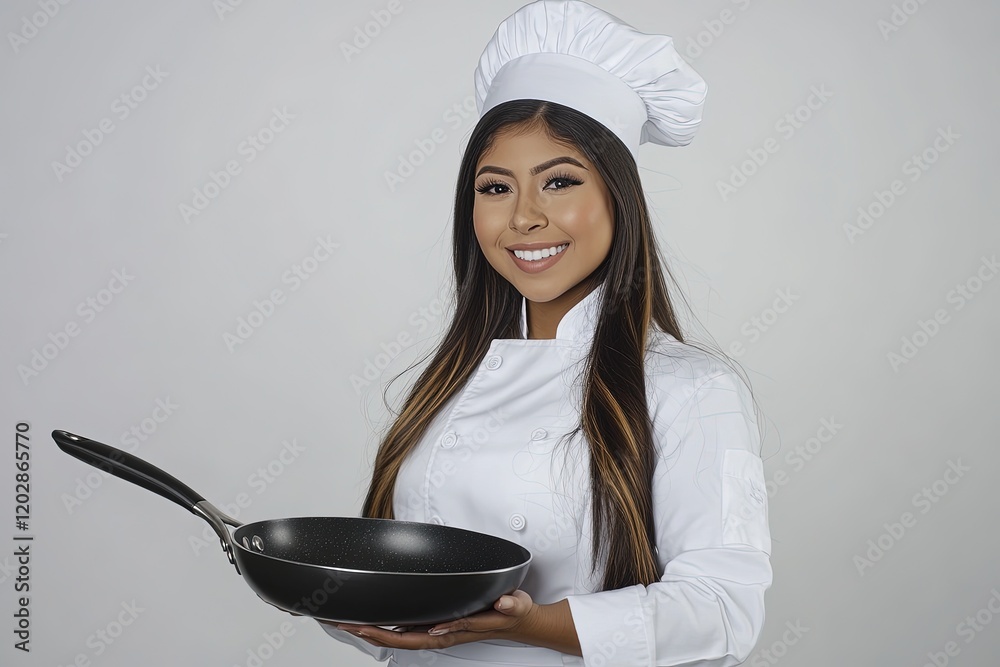 A smiling chef in a white uniform holding a frying pan, showcasing culinary skills. A smiling chef in a white uniform holding a frying pan, showcasing culinary skills.