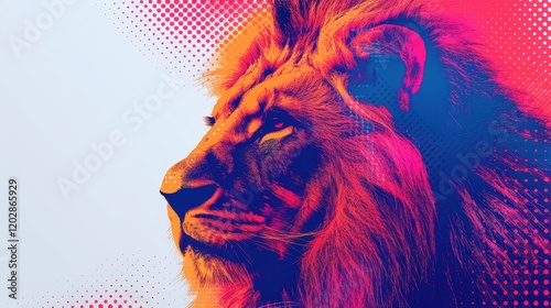 Fototapeta Naklejka Na Ścianę i Meble -  Vibrant Pop Art Lion Portrait with Bold Colors and Halftone Patterns in a Modern Artistic Style