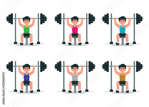 Men at gym flat icon vector set weightlifting color cartoon