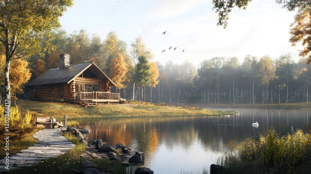 Serene Autumn Escape: Lakeside Log Cabin in Misty Forest Serene Autumn Escape: Lakeside Log Cabin in Misty Forest