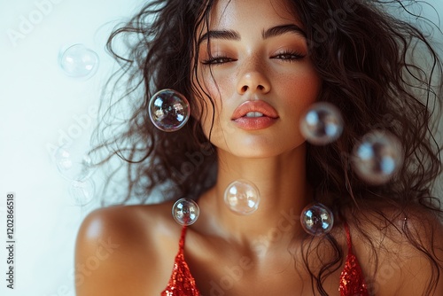 A close-up portrait of a woman with curly hair, surrounded by floating bubbles.