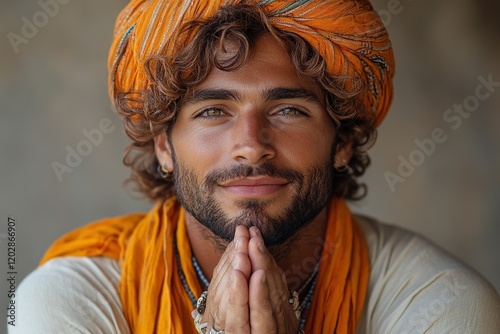 A smiling man in traditional attire with a colorful turban, hands clasped in prayer.