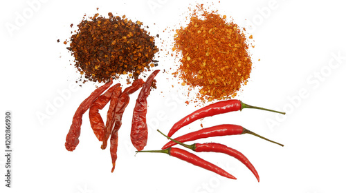 Chili peppers and chili powder placed together on a transparent background.