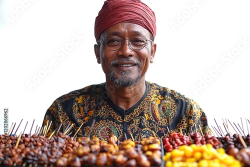 A smiling vendor presents a variety of colorful skewered snacks at a market.