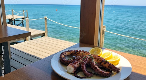 A picturesque seaside cafe with a plate of grilled octopus and a view of the ocean.
