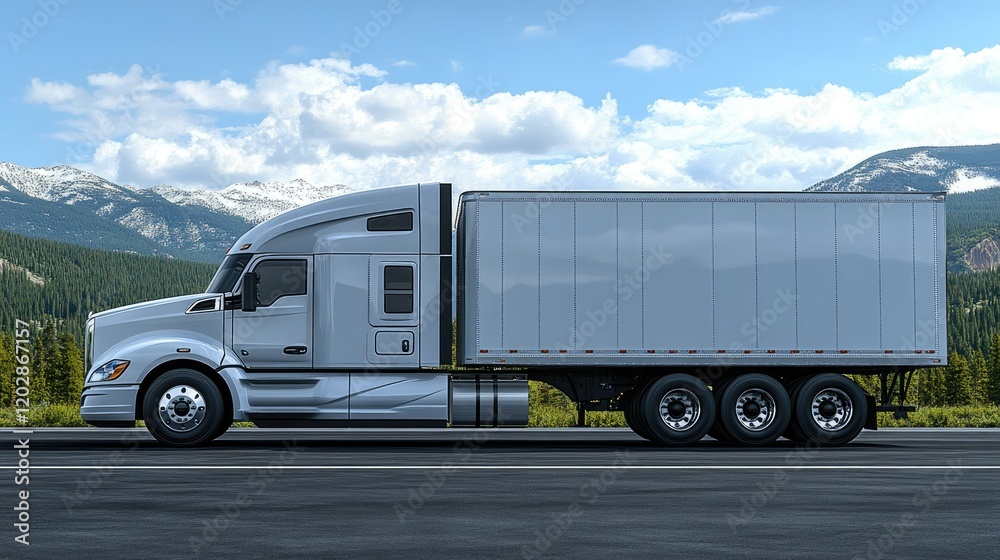 A sleek, silver semi-truck parked on a highway with mountains in the background. A sleek, silver semi-truck parked on a highway with mountains in the background.