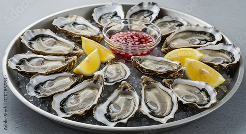 A variety of oysters served on a silver tray with mignonette sauce and lemon slices
