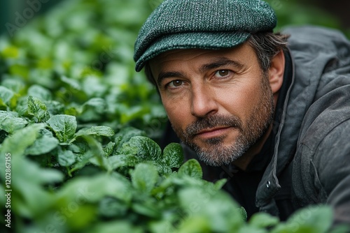 A man tending to lush green spinach plants in a garden.