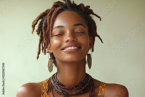 A joyful woman with dreadlocks smiles, adorned in colorful jewelry and vibrant clothing.