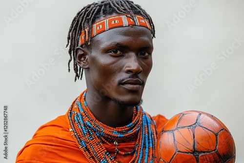 A Maasai man in traditional attire holds a painted basketball, blending culture and sport.