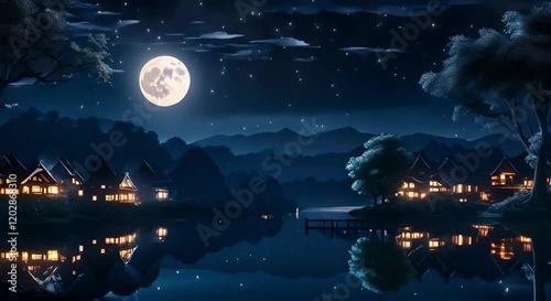 Full Moon Over Anime Lake, created in a soothing anime style for 4k seamless video loops