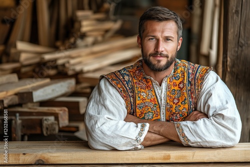 A man in traditional attire poses confidently in a workshop filled with wooden materials.