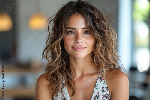 A smiling woman with wavy hair in a casual setting, exuding warmth and approachability.