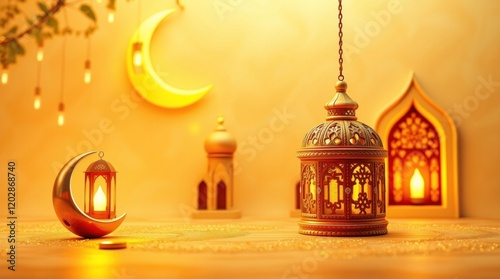 A 3D rendered Islamic Ramadan background with a warm golden glow.Arabic lantern, a metallic moon, and a mosque portal. Modern style with a luxurious 