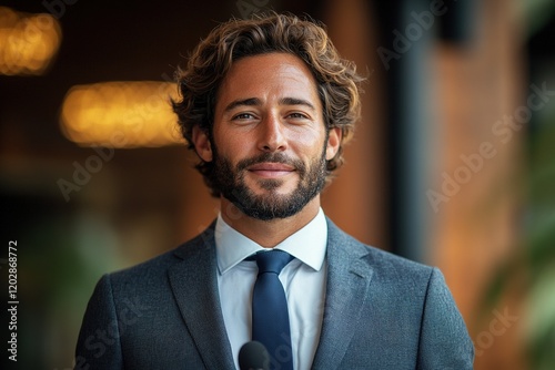 A man in a suit smiles confidently, presenting a professional image.