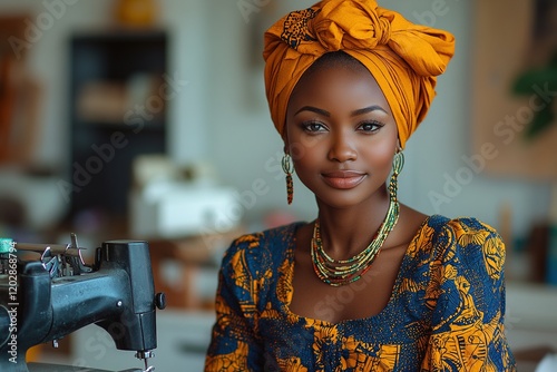 A woman in traditional attire poses confidently by a sewing machine, showcasing cultural heritage. photo