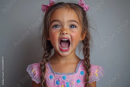 A young girl with braided hair, wearing a pink dress, joyfully shouting with excitement.