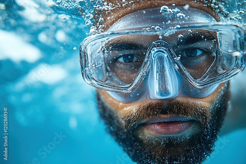 A close-up of a man underwater wearing a snorkel mask, surrounded by bubbles.
