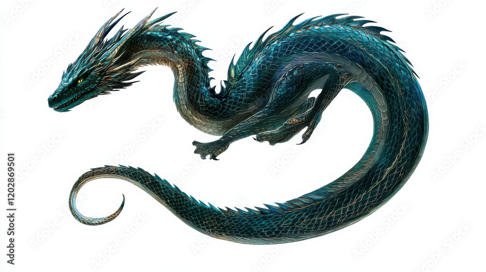Obraz premium A mythical dragon coiled mid-air, shimmering emerald scales reflecting light, clear white background for strong subject emphasis