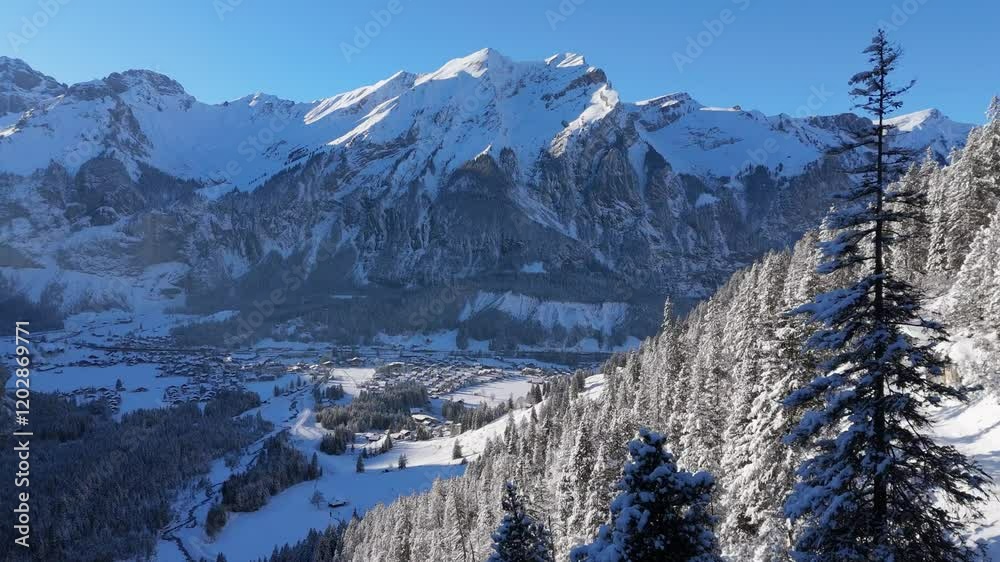 Aerial view of winter in Kandersteg with mountain landscape Aerial view of winter in Kandersteg with mountain landscape