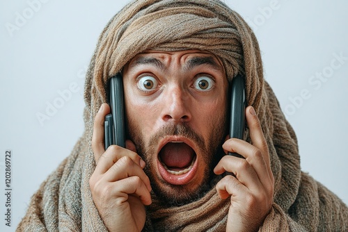A surprised man in a headscarf holds two phones, expressing shock or disbelief.