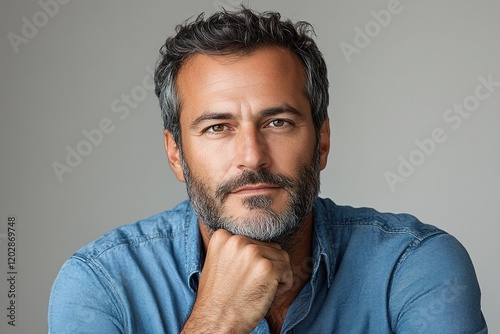 A thoughtful man with a beard poses confidently, showcasing a relaxed demeanor.