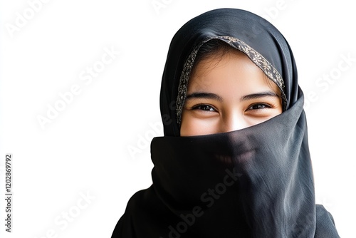 A smiling young woman wearing a black hijab, exuding warmth and joy.