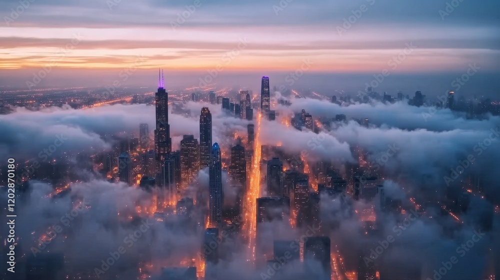 Stunning Aerial View of a City Skyline with Breathtaking Sunset and Rolling Clouds, Capturing the Vibrancy and Energy of Urban Life.