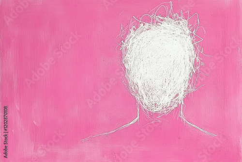 A minimalist artwork featuring a faceless figure outlined in white against a vibrant pink background.