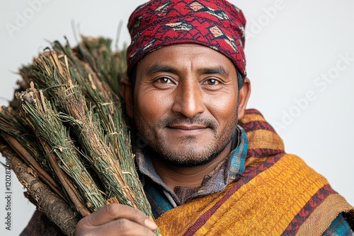 A smiling man holds a bundle of twigs, dressed in traditional attire, against a plain background.