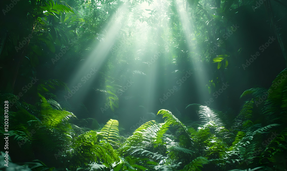 Sunbeams pierce lush jungle, fern foreground Sunbeams pierce lush jungle, fern foreground